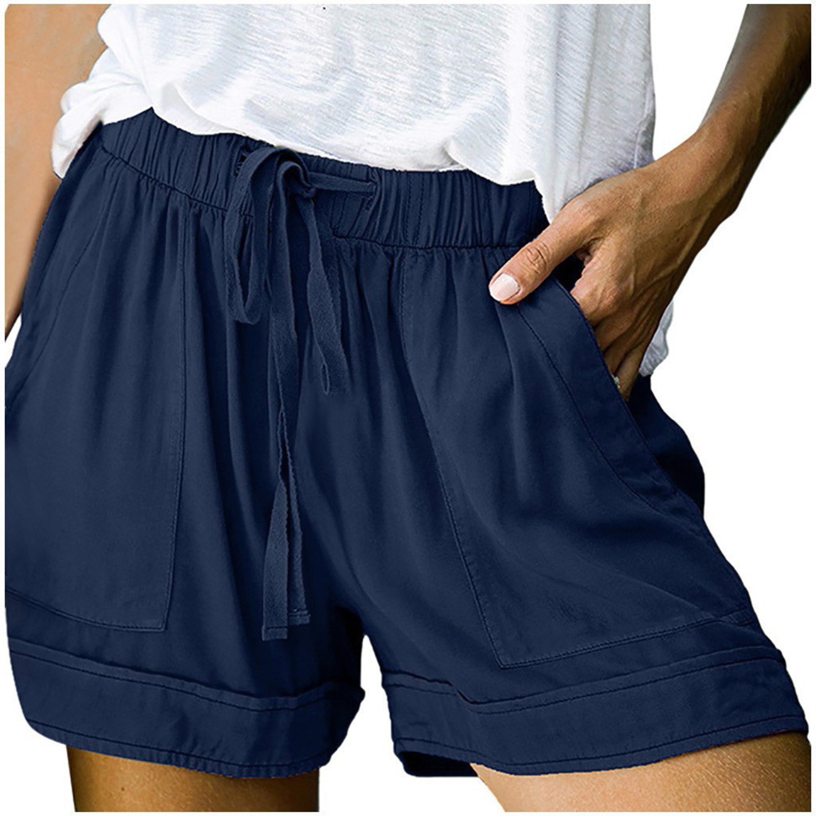 thumbnail image 5 of Pantalones cortos cómodos con cordón y cintura elástica para mujer - Pantalones holgados de color liso con bolsillos - Ropa informal de verano de poliéster, 5 of 8